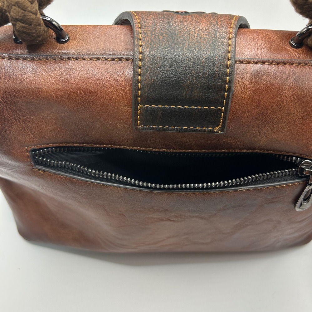 Floral Embossed Brown Faux Leather Doctor Bag Satchel Bamboo Handle Western Boho - Picture 9 of 9